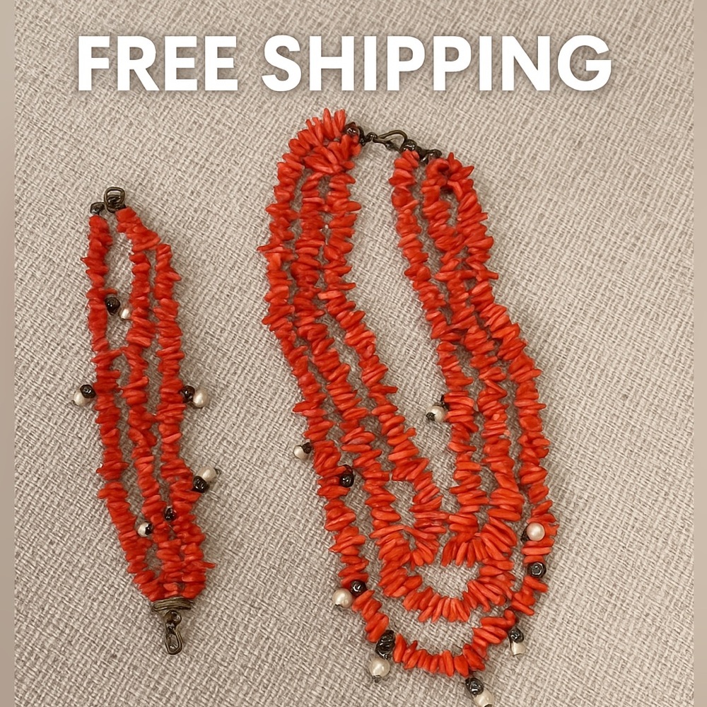 Elegant Coral Beaded Necklace and Bracelet Set